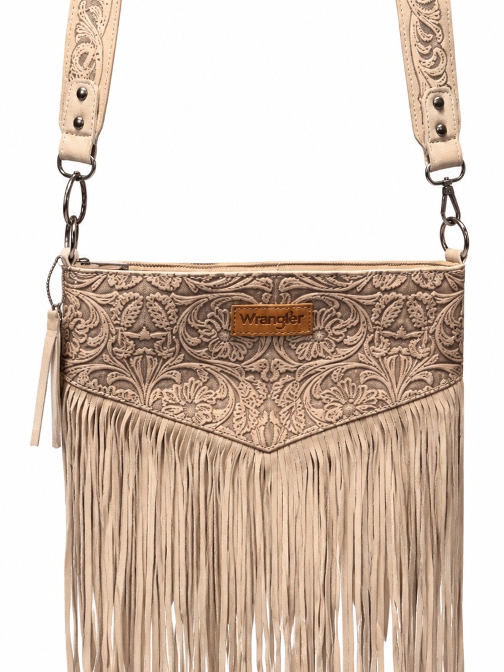 Wrangler Beige Tooled Fringe Crossbody Bag
